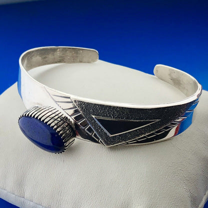 Robert A Lewis Navajo 925 Sterling Silver Lapis Lazuli Modernist Cuff Bracelet