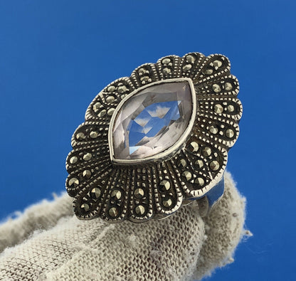 Art Deco Nouveau Sterling Silver 925 Amethyst Marcasite Statement Cocktail Ring