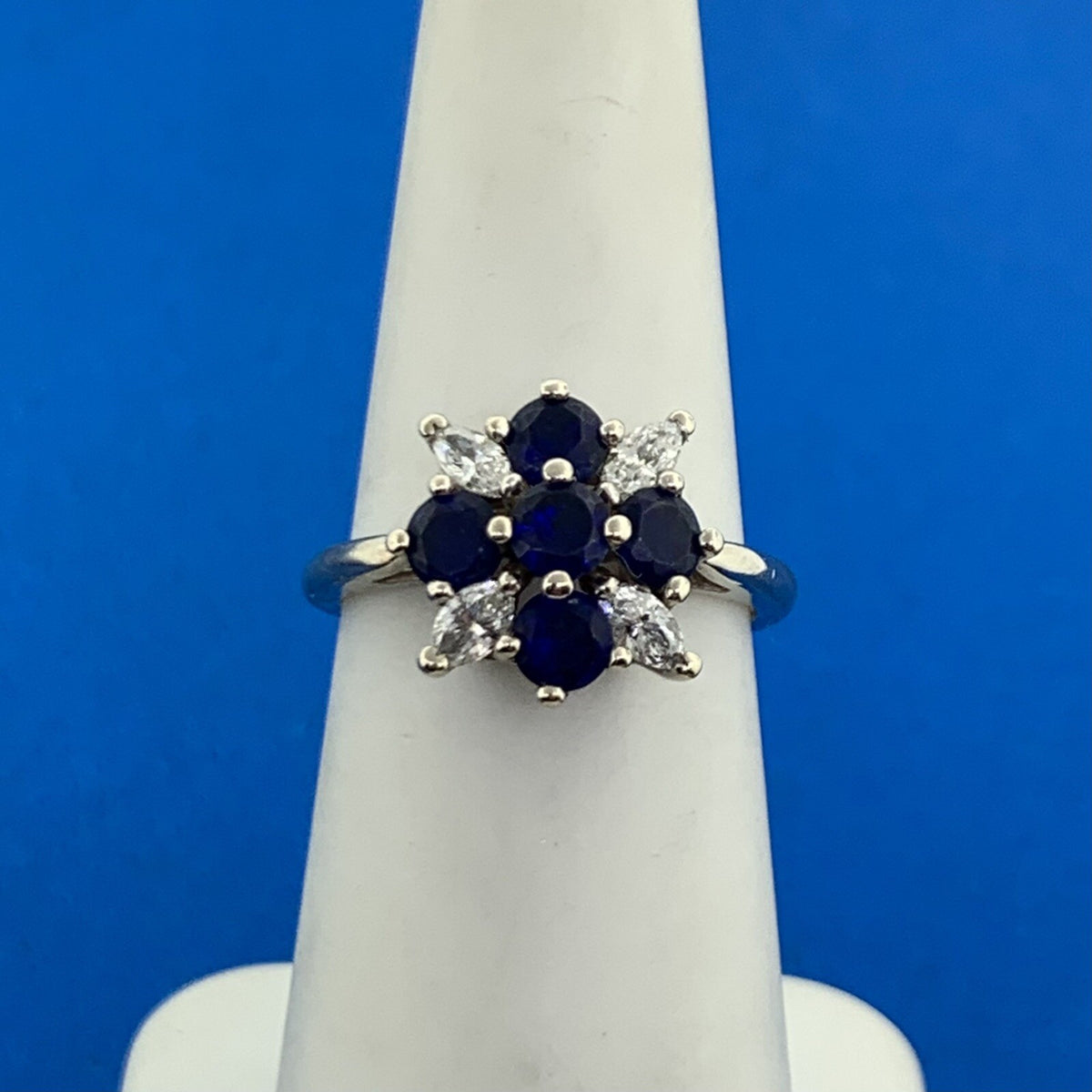 Designer 14K White Gold Sapphire Diamond Floral Cluster Cocktail Ring