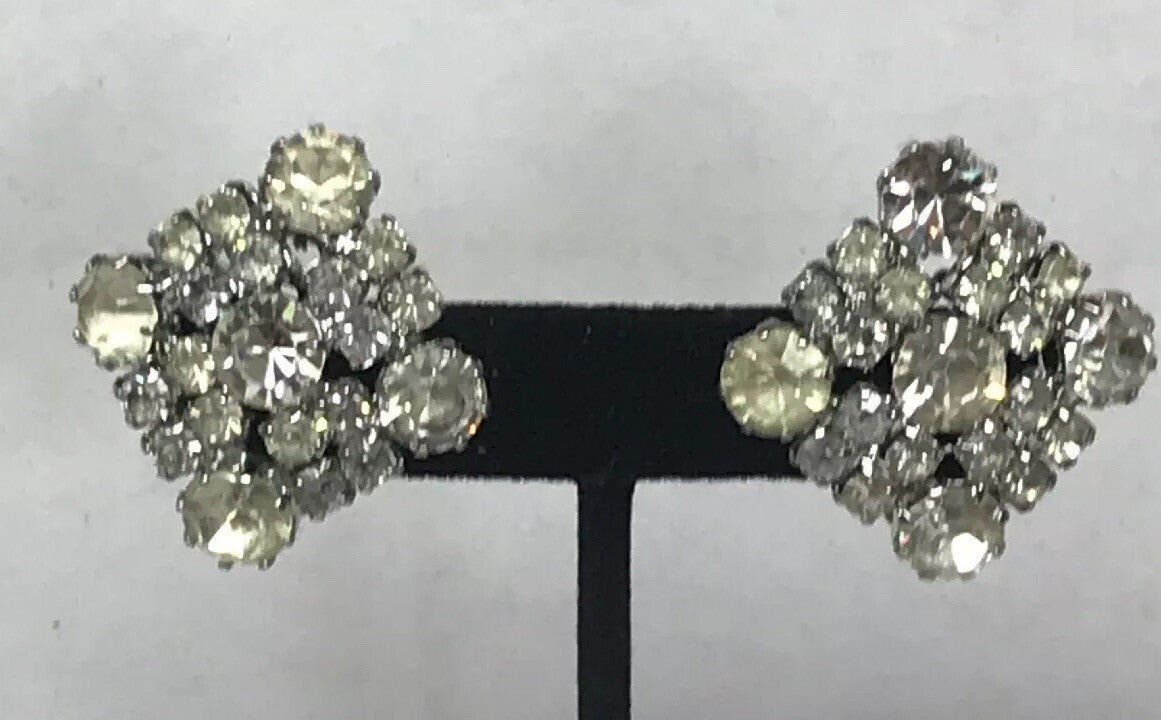 Vintage Signed Weiss Paste Rhinestone Square Shaped Silver Tone Clip Earrings
