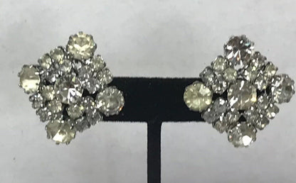 Vintage Signed Weiss Paste Rhinestone Square Shaped Silver Tone Clip Earrings