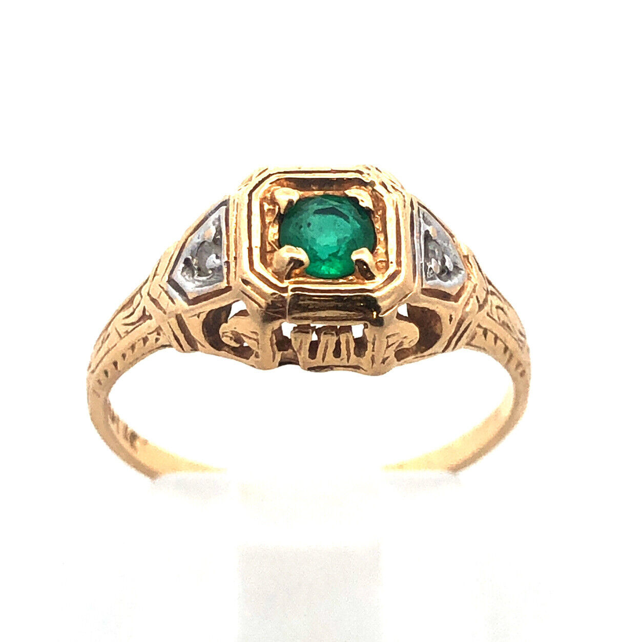 Gorgeous 14k Yellow Gold Round Cut Emerald Diamond Regal Woman's Ring Size 6.75