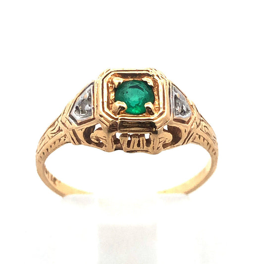 Gorgeous 14k Yellow Gold Round Cut Emerald Diamond Regal Woman's Ring Size 6.75