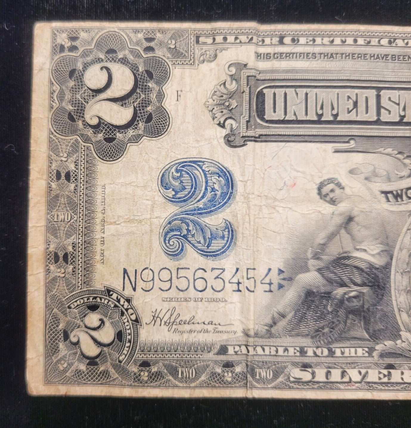 1899 $2 Blue Seal "Mini-Porthole" Speelman/White Silver Certificate Bank Note