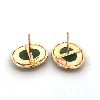 Estate 14K Yellow Gold Oval Green Jade Cabochon Ribbed Bezel Stud Earrings