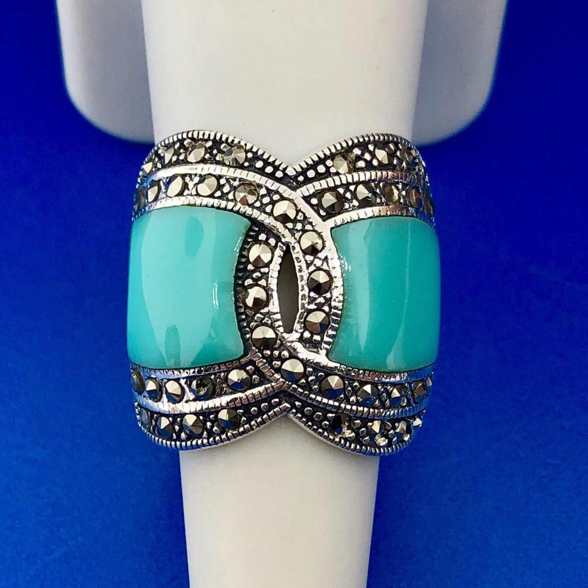 Designer Barse 925 Sterling Silver Turquoise Enamel Marcasite Statement Ring