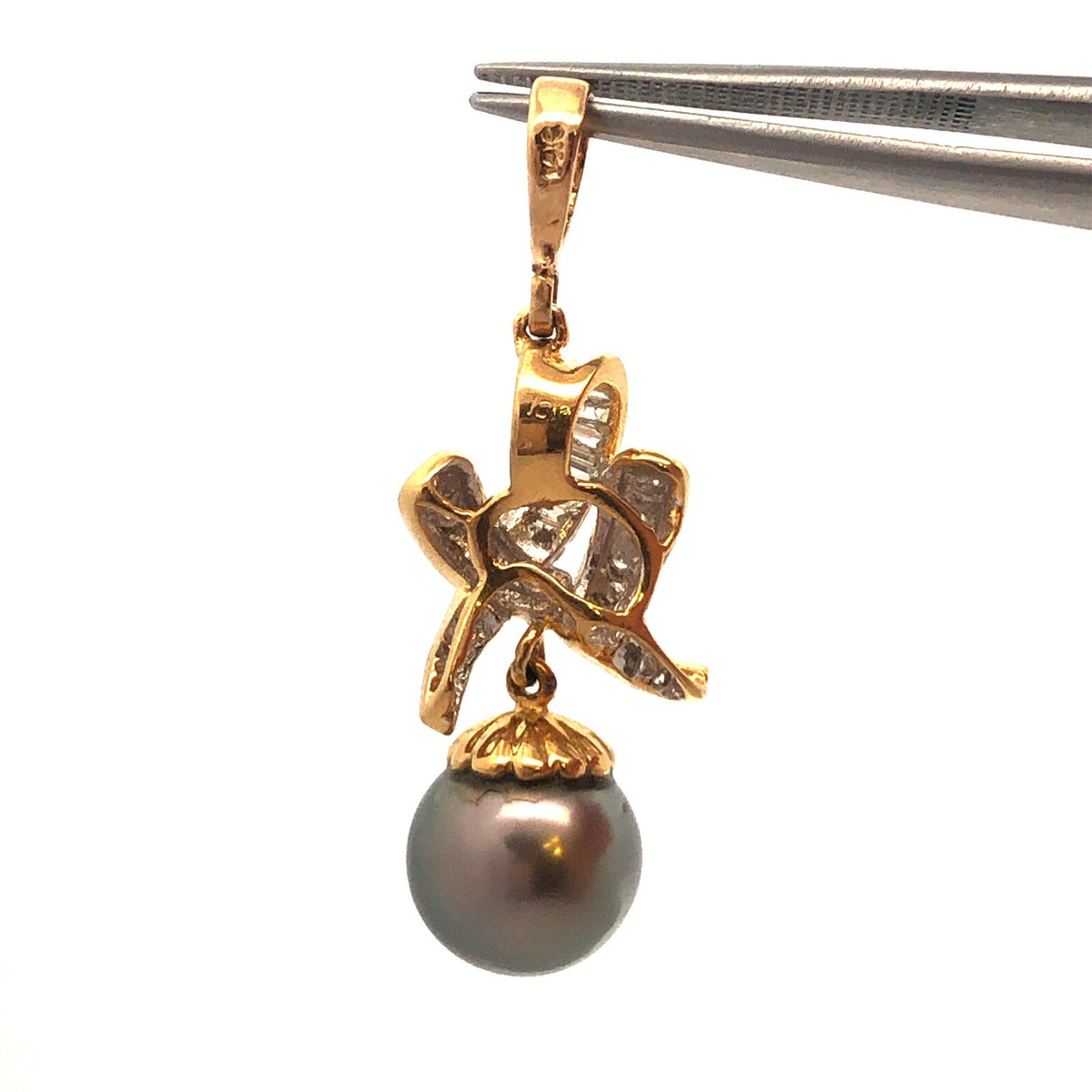 Designer 14K Yellow Gold Black Pearl Diamond Accented Statement Drop Pendant
