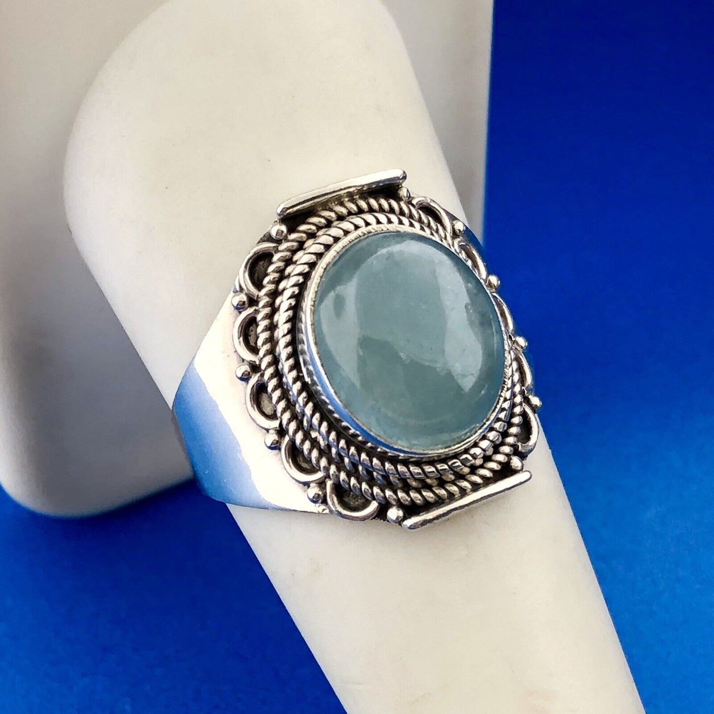 Estate 925 Sterling Silver Oval Blue Opal Filigree Beadwork Finger Ring