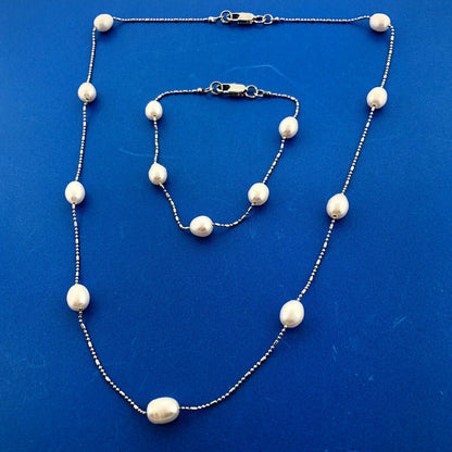 Lovely White Gold-Filled Baroque Oval Pearl Station Bracelet & Necklace Set