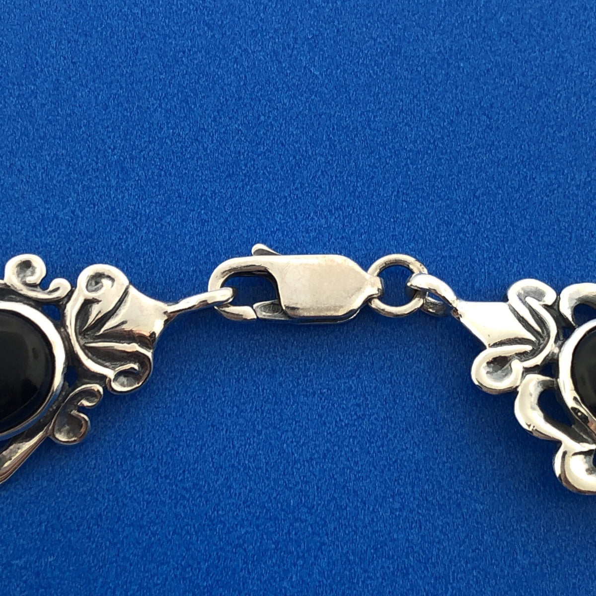 Estate Designer Sterling Silver 925 Black Onyx Scroll Panel Link Bracelet