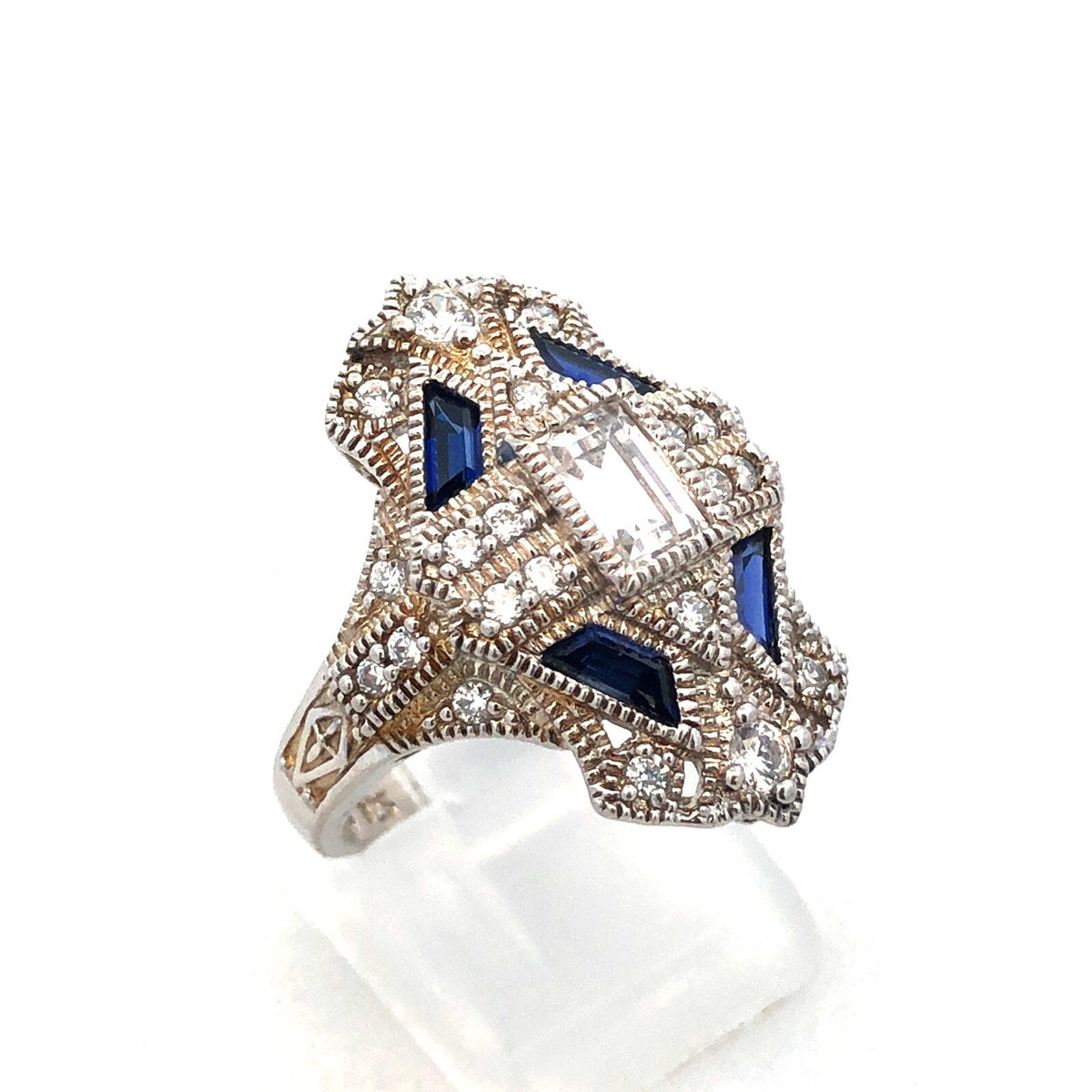 Art Deco Style 925 Sterling Silver Cubic Zirconia Blue Spinel Statement Ring