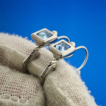 Lovely Silver Toned Princess Cut Light Blue Crystal Leverback Earrings