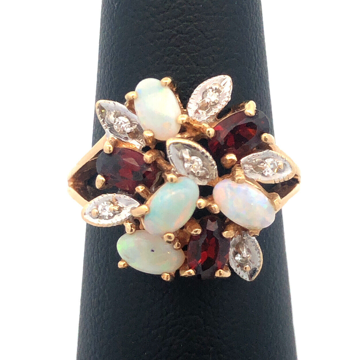 Vintage 14K Yellow Gold Opal Garnet Diamond Floral Cluster Anniversary Ring