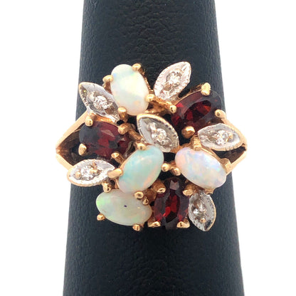 Vintage 14K Yellow Gold Opal Garnet Diamond Floral Cluster Anniversary Ring