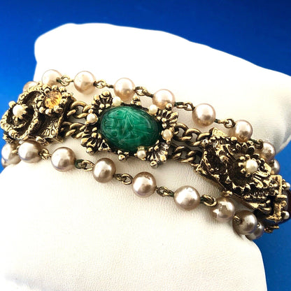 Vintage Gold Tone Faux Gem Pearl Cabochon Rhinestone Statement Panel Bracelet