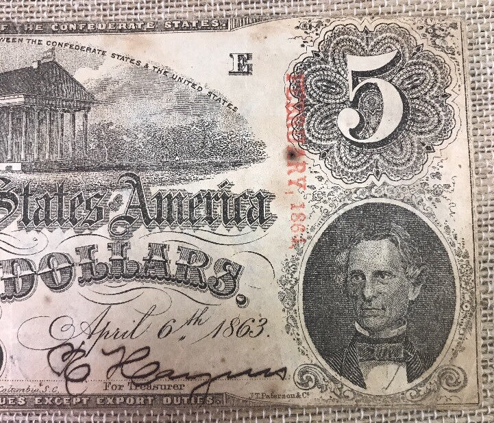 1863 $5 Confederate States of America April 6 Richmond Civil War Era Note T-60