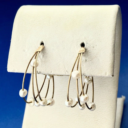 Estate JCM 14K Yellow Gold Pearl Station Three Wire Bridal Wedding Hoop Earrings