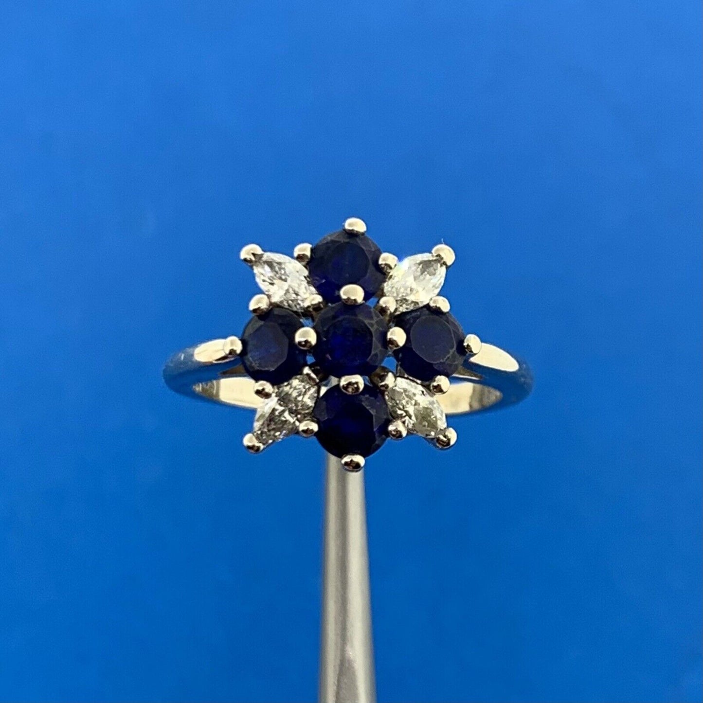 Designer 14K White Gold Sapphire Diamond Floral Cluster Cocktail Ring