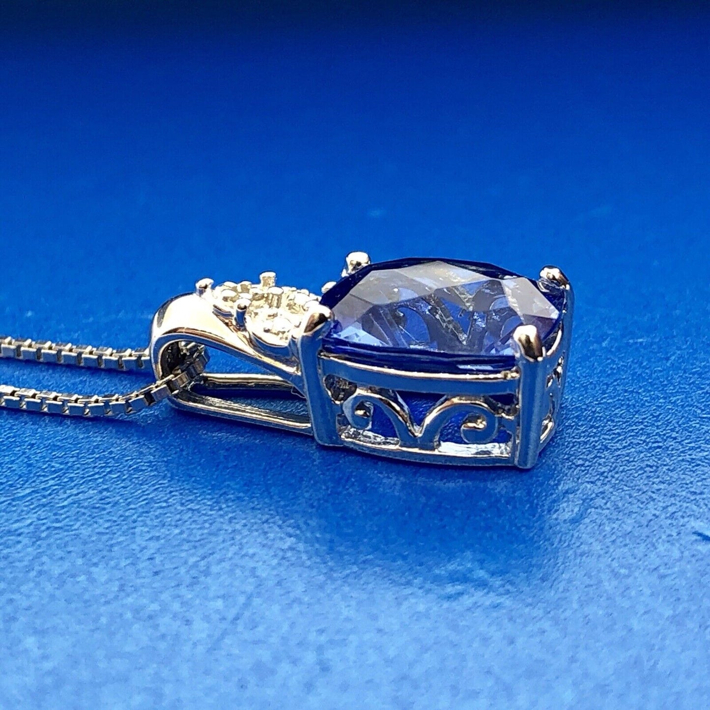 925 Sterling Silver Blue Cubic Zirconium with Diamond Accent Pendant Necklace