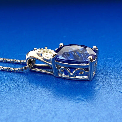 925 Sterling Silver Blue Cubic Zirconium with Diamond Accent Pendant Necklace