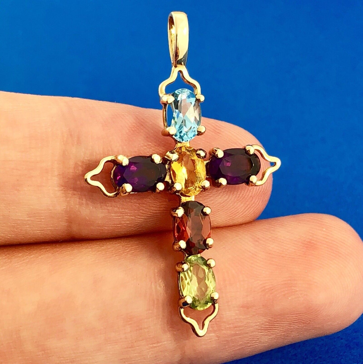 Vintage 10K Yellow Gold Multi Gemstone Cross Pendant