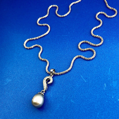Retro 14K White Gold Gray Pearl Diamond Wedding Anniversary Sweetheart Necklace
