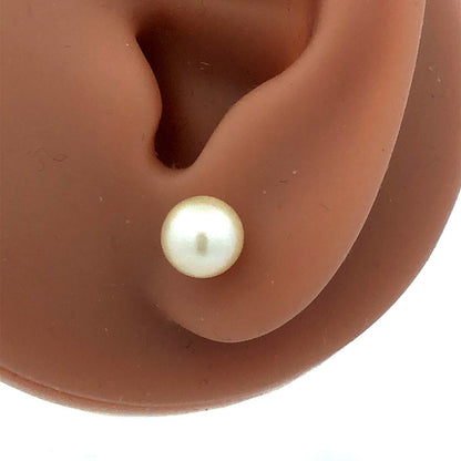 Designer CP 14K Yellow Gold Round White Pearl Solitaire Stud Earrings