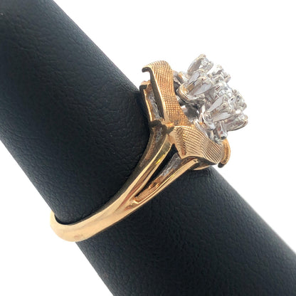 Designer OFA 14k Yellow Gold Round Cut Diamond Cluster Openwork Ring Size 6.25
