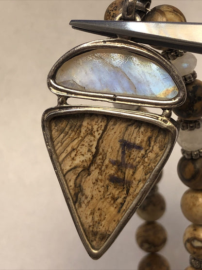 Modernist 925 Sterling Silver Brown Jasper Moonstone Pendant Statement Necklace