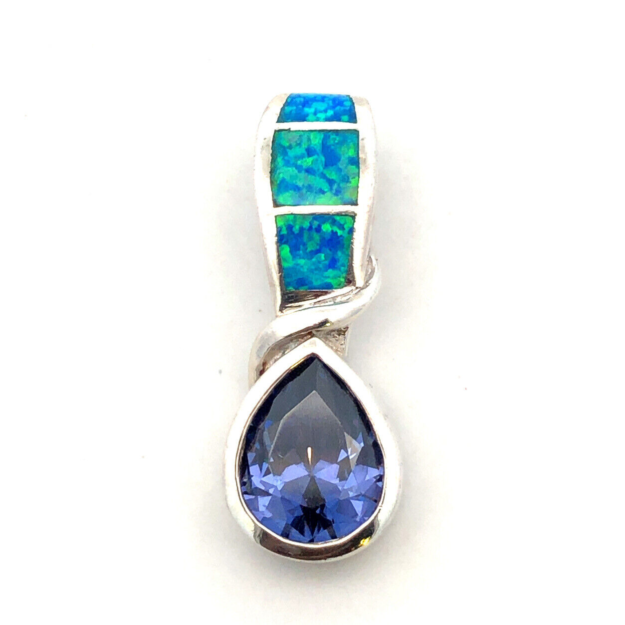 Designer 925 Sterling Silver Pear Tanzanite Opal Inlay Modernist Drop Pendant
