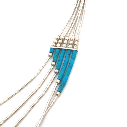 Native American 925 Sterling Silver Turquoise Liquid Silver 5 Strand Necklace