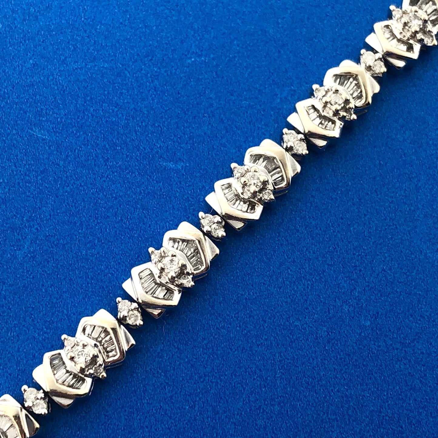 Vintage WGD 14K White Gold Diamond Panel Round Baguette Tennis Bracelet