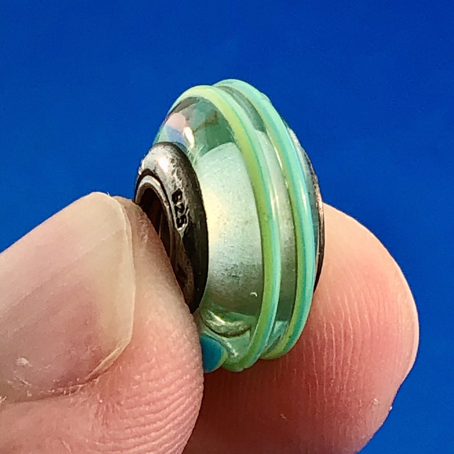 Authentic PANDORA Sterling Silver Lime Banded Striped Murano Glass Bead Charm