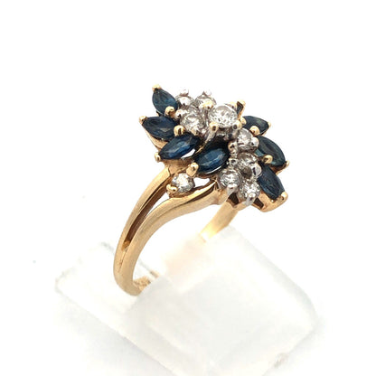 Designer 14K Yellow Gold Diamond Sapphire Wave Waterfall Cluster Cocktail Ring