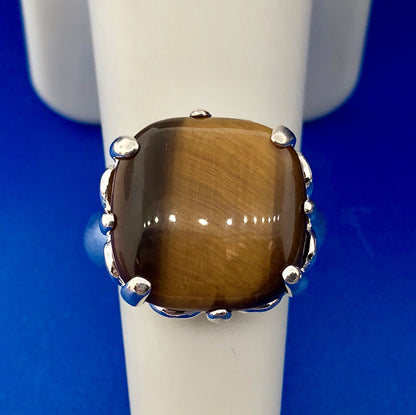 Designer 925 Sterling Silver Square Tigers Eye Fleur De Lis Statement Ring