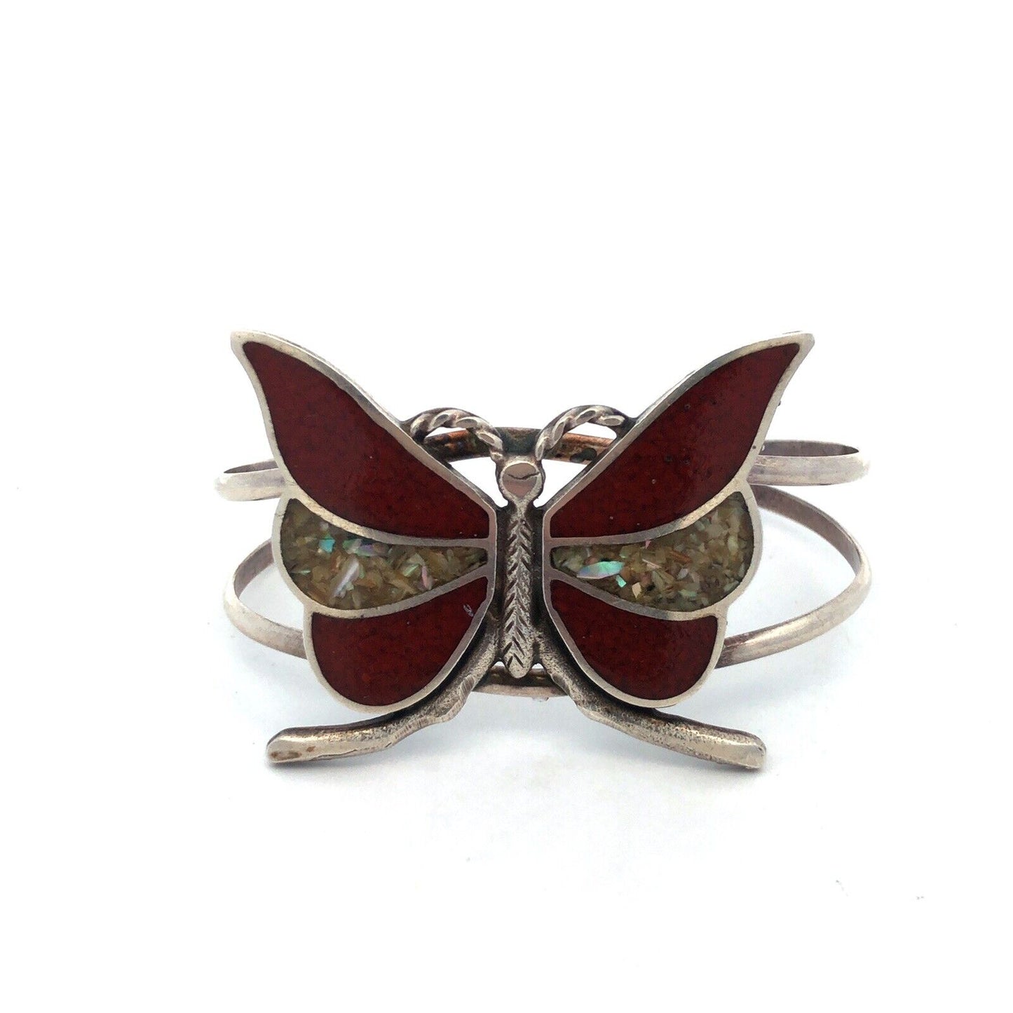 Native American Sterling Silver Coral Mother of Pearl Abalone Butterfly Bracelet