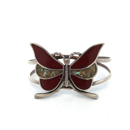 Native American Sterling Silver Coral Mother of Pearl Abalone Butterfly Bracelet