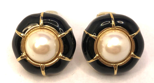 Designer Ciner Gold Tone Black Enamel Faux Pearl Round Statement Clip Earrings
