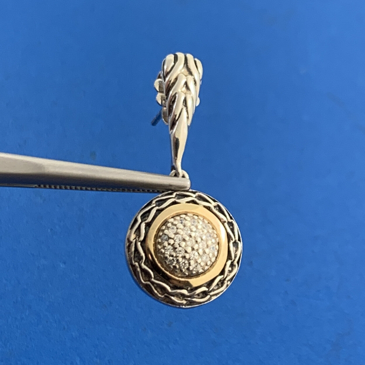 Designer ATR 925 Sterling Silver 14K Gold Pave Diamond Dangle Drop Stud Earrings