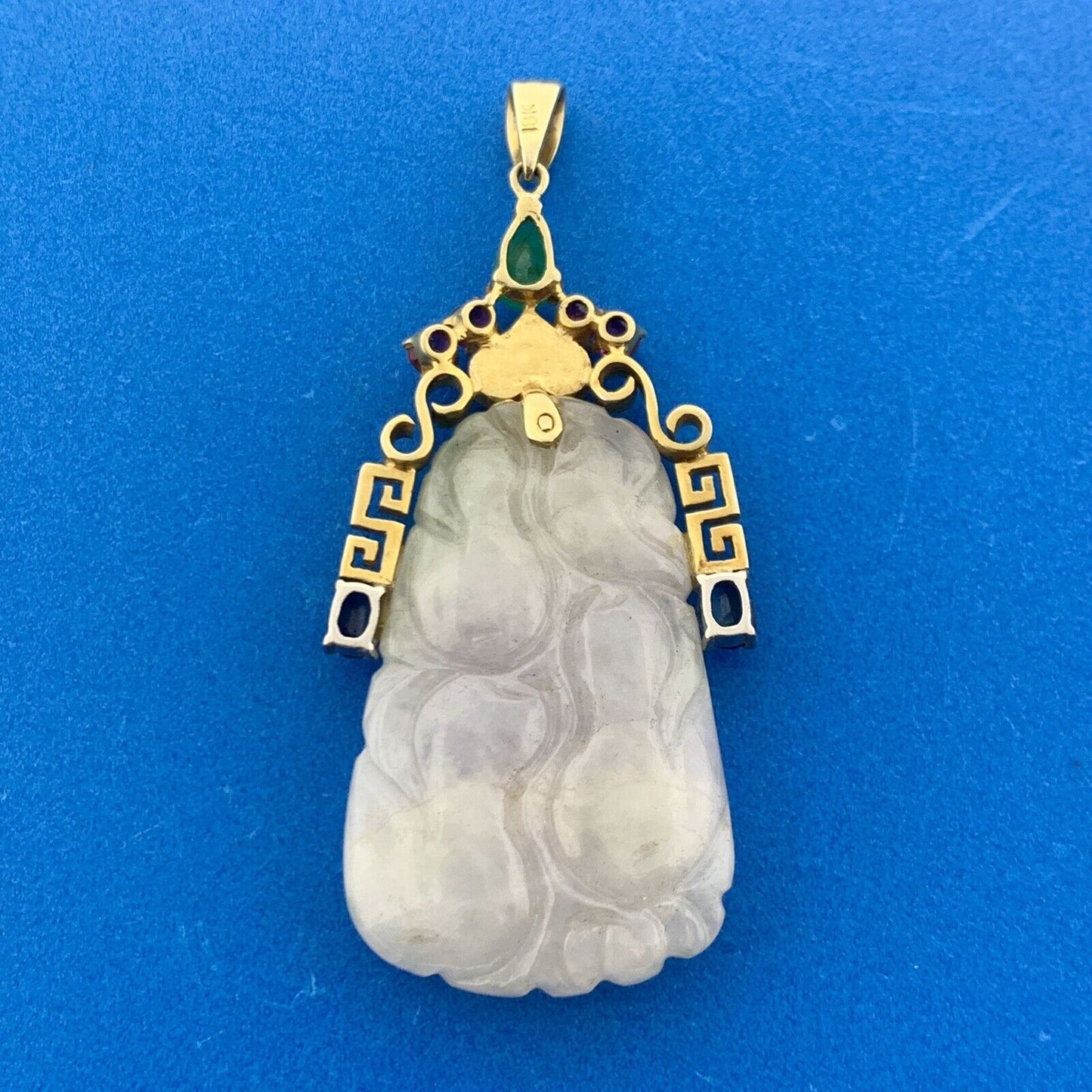 Gorgeous 18k Yellow Gold Carved White Jade Emerald Ruby Sapphire Dangle Pendant