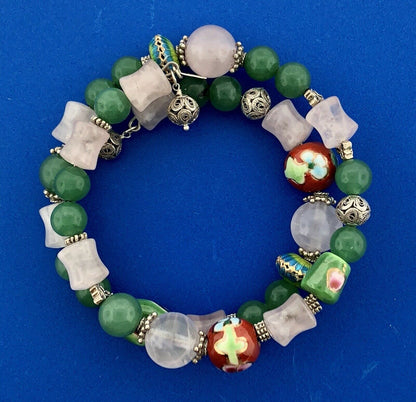 Sterling Silver Green Lavender Jade Ceramic Cloisonne Bead Three Wrap Bracelet
