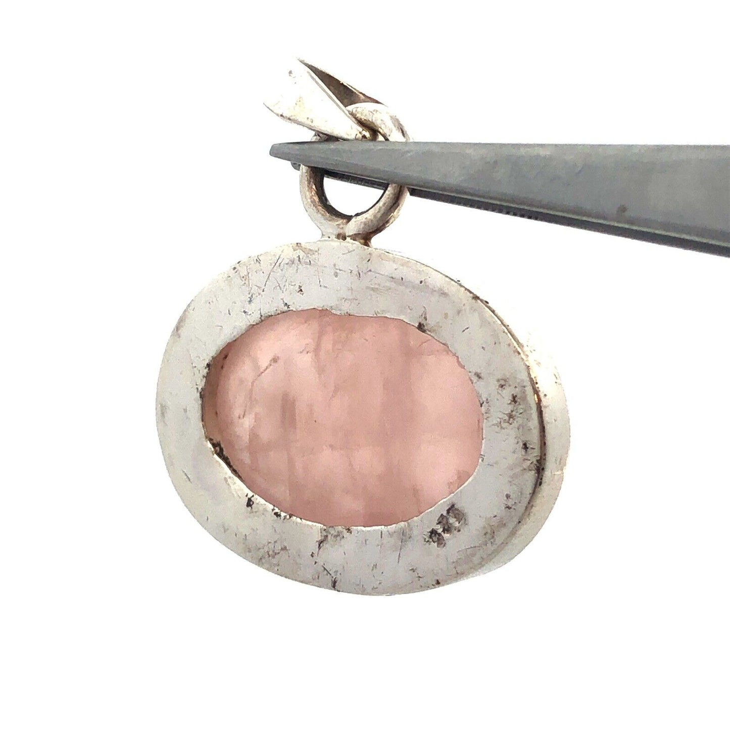 Vintage 925 Sterling Silver Oval Rose Quartz Cabochon Statement Pendant