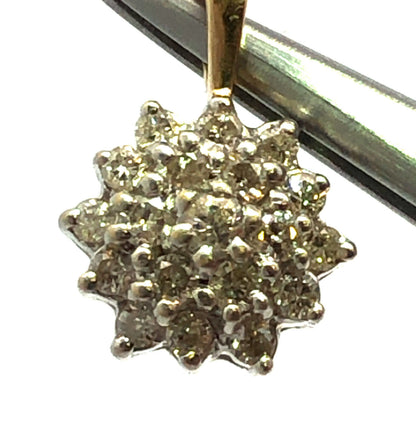 Retro 14K Yellow White Gold Round Diamond Floral Snowflake Cluster Charm Pendant