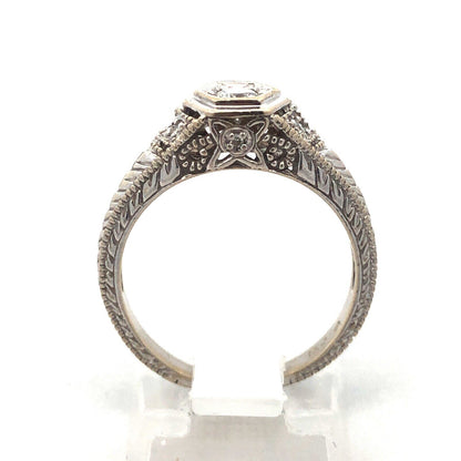 14k White Gold Round Solitaire Diamond W/Accents Art Deco Engagement Ring