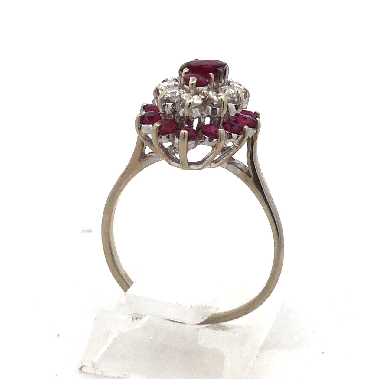 14K White Gold Ruby Diamond Cluster Bridal Birthstone Anniversary Cocktail Ring
