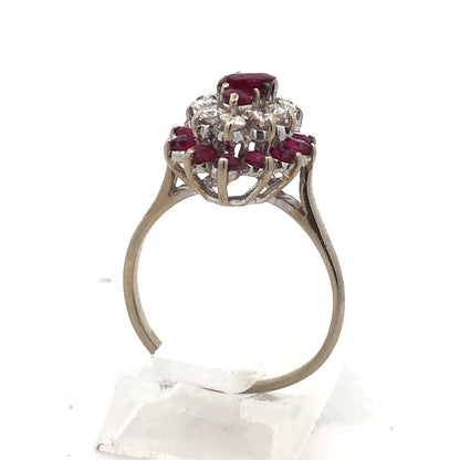14K White Gold Ruby Diamond Cluster Bridal Birthstone Anniversary Cocktail Ring
