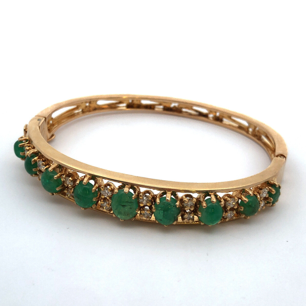 Designer 14k Yellow Gold Cabochon Emerald Diamond Hinged Cuff Bangle Bracelet
