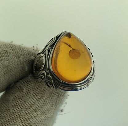 Stunning Sterling Silver 925 Cabochon Teardrop Amber Statement Ring Size 6.25