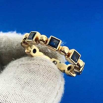 Vintage 18k Yellow Gold 750 Square Cut Blue Sapphire Band Ring Size 6