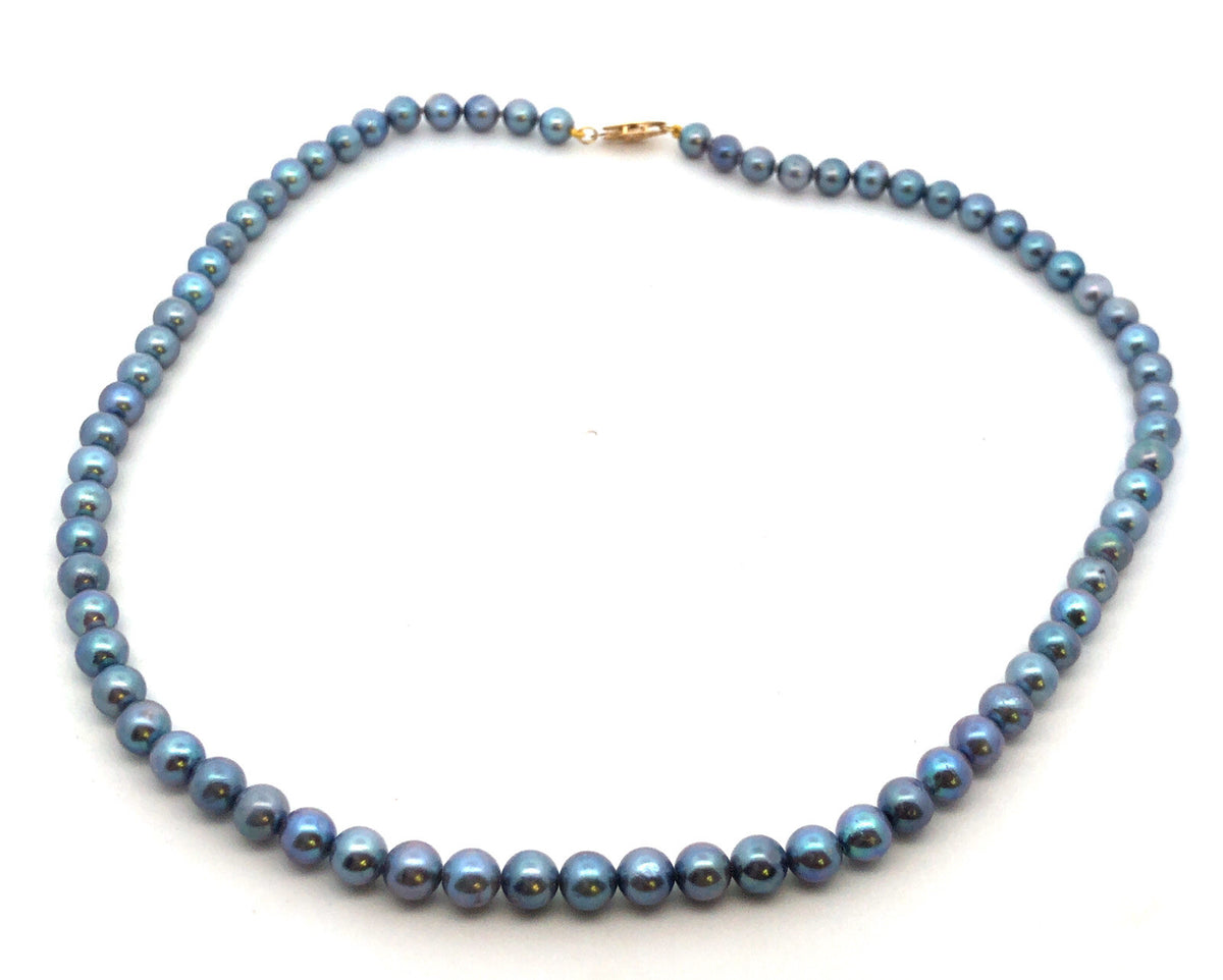 Retro 10K Yellow Gold Gray Peacock Pearl Wedding Bridal Pearl Necklace